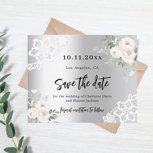 Zilveren witte bloemen bruiloft Save the Date kaar