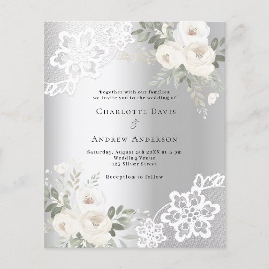 Zilveren witte bloemen bruiloft uitnodiging (Voorkant)