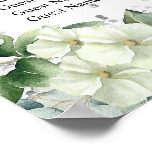 Zilveren witte bloemen bruiloft zitkaart poster (Hoek)