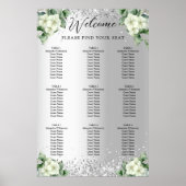 Zilveren witte bloemen bruiloft zitkaart poster (Voorkant)