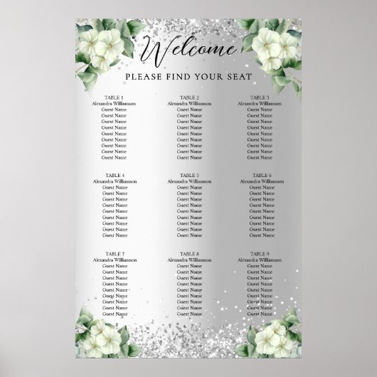 Zilveren witte bloemen bruiloft zitkaart poster (Voorkant)