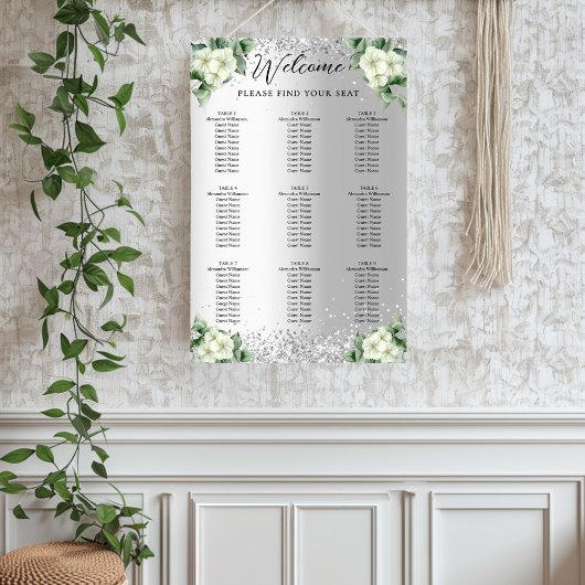 Zilveren witte bloemen bruiloft zitkaart poster