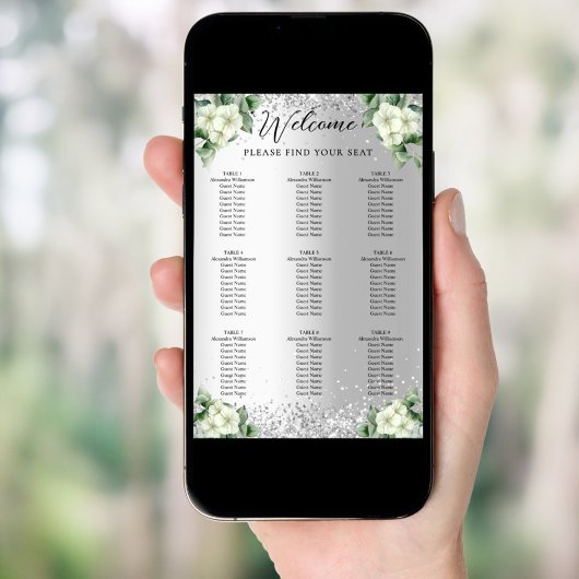 Zilveren witte bloemen bruiloft zitkaart poster