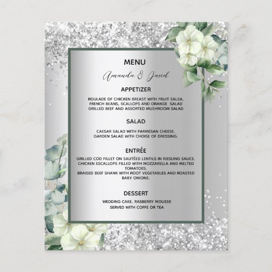 Zilveren witte bloemen budget bruiloft menu (Voorkant)