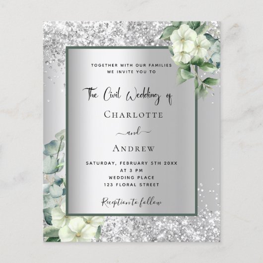 Zilveren witte bloemen burgerlijke bruiloft uitnod (Voorkant)
