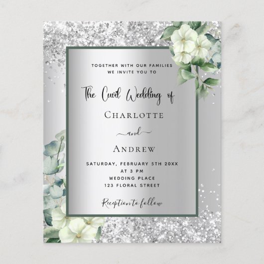 Zilveren witte bloemen burgerlijke bruiloft uitnod (Voorkant)
