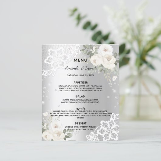 Zilveren witte bloemen diamant bruiloft menu (Staand voorkant)