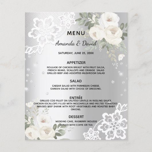 Zilveren witte bloemen diamant bruiloft menu (Voorkant)