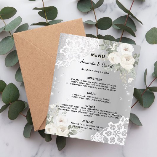 Zilveren witte bloemen diamant bruiloft menu