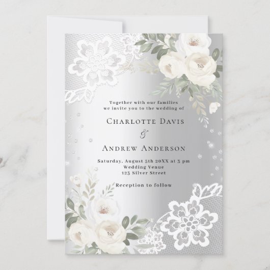 Zilveren witte bloemen diamanten bruiloft kaart (Voorkant)