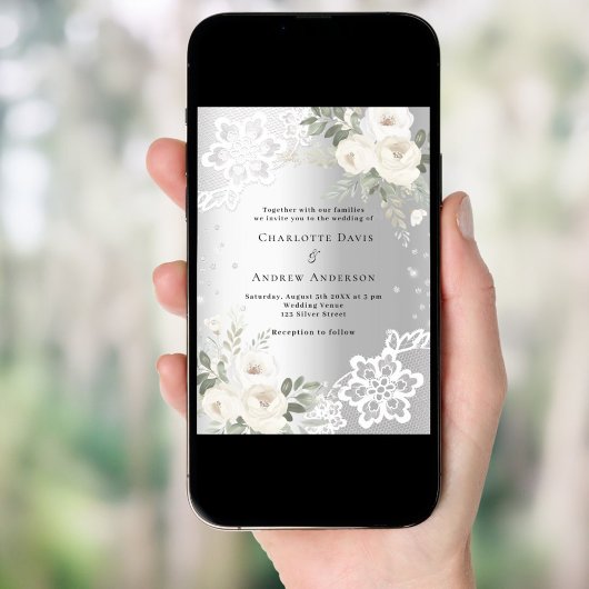 Zilveren witte bloemen diamanten bruiloft kaart