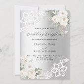 Zilveren witte bloemen kant bruiloft receptie kaart (Voorkant)