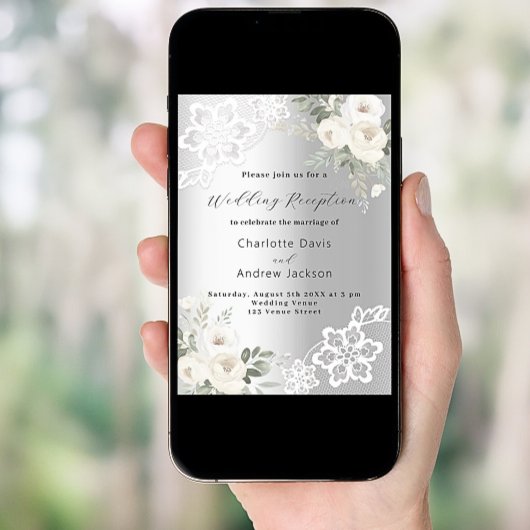 Zilveren witte bloemen kant bruiloft receptie kaart