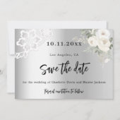 Zilveren witte bloemen kant bruiloft save the date (Voorkant)