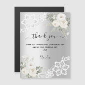 Zilveren witte bloemen kant dank u kaartmagneet (Voorkant / Achterkant)