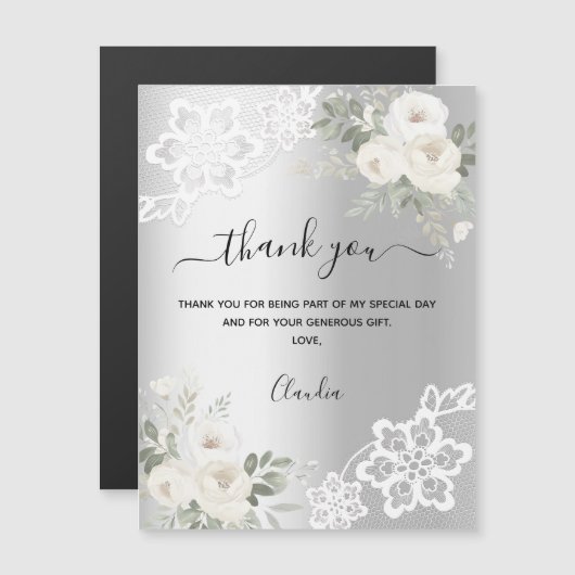 Zilveren witte bloemen kant dank u kaartmagneet (Voorkant / Achterkant)