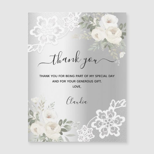 Zilveren witte bloemen kant dank u kaartmagneet (Voorkant)