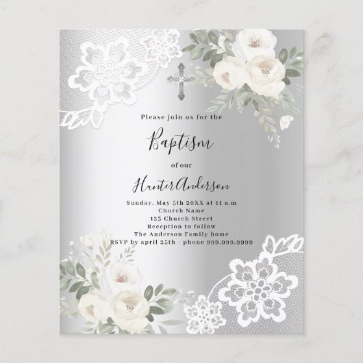 Zilveren witte bloemen kant Doopsel uitnodiging (Voorkant)
