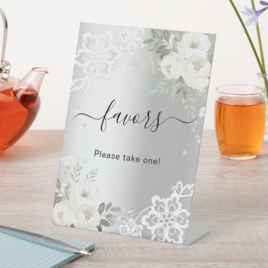 Zilveren witte bloemen kant gast gunstteken reclamebord met voetstuk (Insitu)