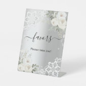 Zilveren witte bloemen kant gast gunstteken reclamebord met voetstuk (Voorkant)