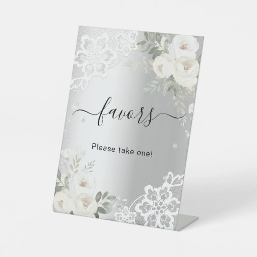 Zilveren witte bloemen kant gast gunstteken reclamebord met voetstuk (Voorkant)