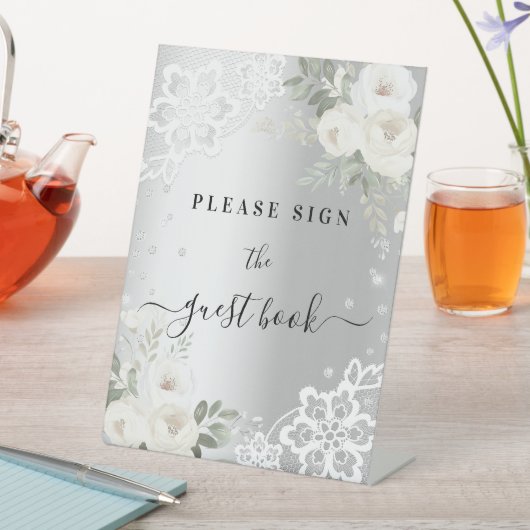Zilveren witte bloemen kant gastenboek teken reclamebord met voetstuk (Insitu)