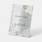 Zilveren witte bloemen kant gastenboek teken reclamebord met voetstuk (Voorkant)
