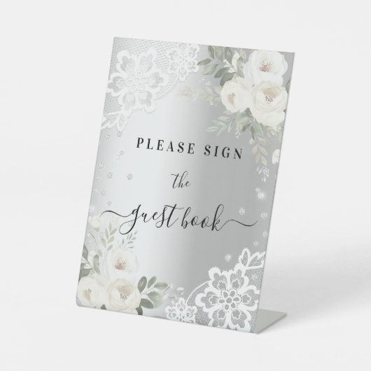Zilveren witte bloemen kant gastenboek teken reclamebord met voetstuk (Voorkant)