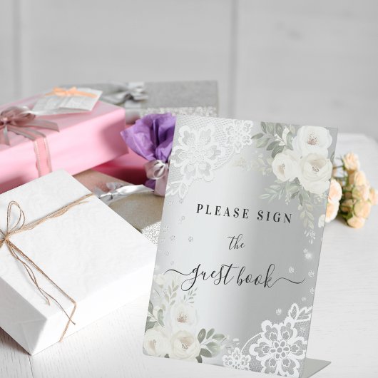 Zilveren witte bloemen kant gastenboek teken reclamebord met voetstuk