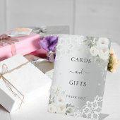 Zilveren witte bloemen kant kaarten geschenken tek reclamebord met voetstuk
