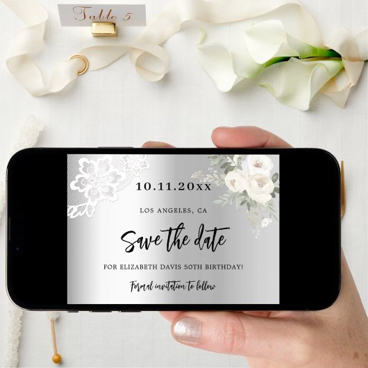 Zilveren witte bloemen kant verjaardag save the date