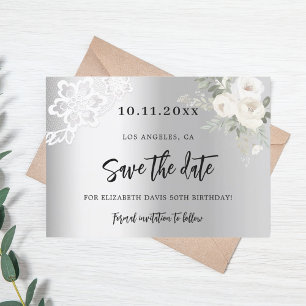 Zilveren witte bloemen kant verjaardag save the date