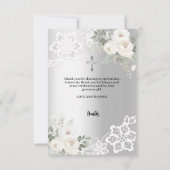 Zilveren witte bloemen kruis doop foto bedankkaart (Achterkant)