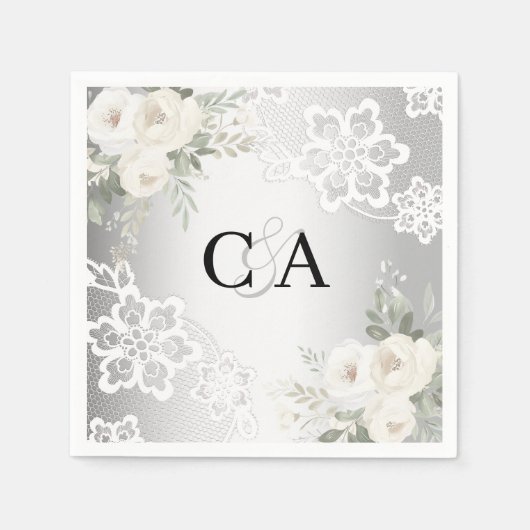 Zilveren witte bloemen monogram bruiloft servet (Voorkant)