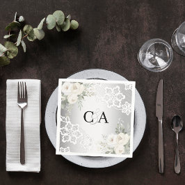 Zilveren witte bloemen monogram bruiloft servet