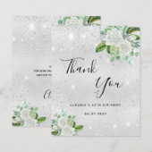 Zilveren witte bloemen verjaardag bedankkaart (Voorkant / Achterkant)