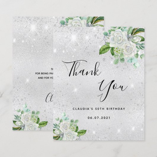 Zilveren witte bloemen verjaardag bedankkaart (Voorkant / Achterkant)