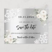 Zilveren witte bloemen verjaardag Save the Date Flyer (Voorkant)