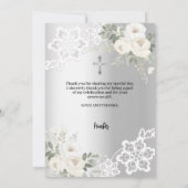 Zilveren witte bloemendoop foto bedankkaart kaart (Achterkant)