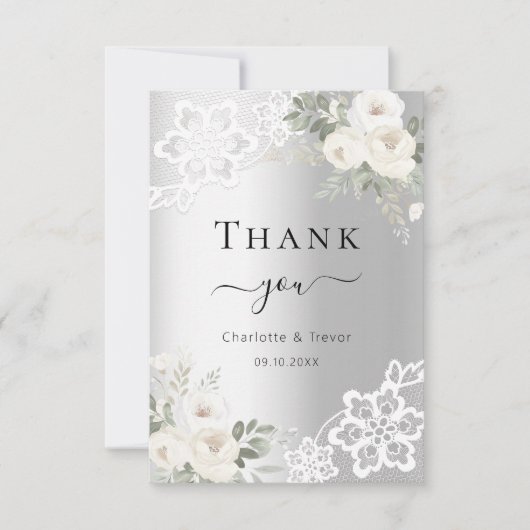 Zilveren witte bloemenkant bruiloft bedankkaart (Voorkant)