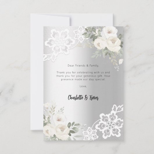 Zilveren witte bloemenkant bruiloft bedankkaart (Achterkant)