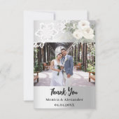 Zilveren witte bloemenkant bruiloft bedankkaart (Voorkant)