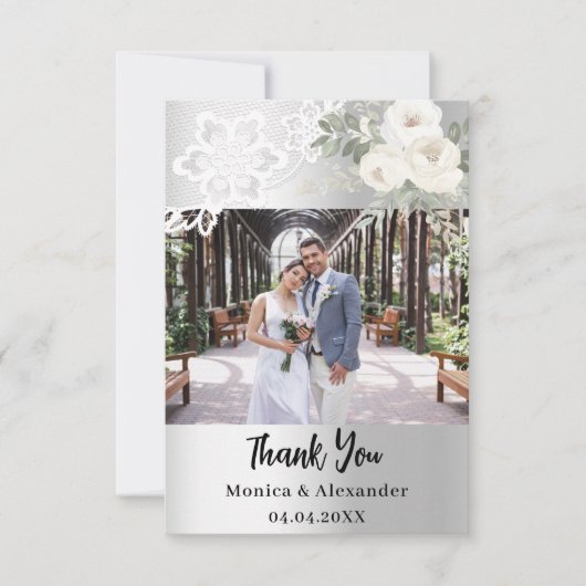 Zilveren witte bloemenkant bruiloft bedankkaart (Voorkant)