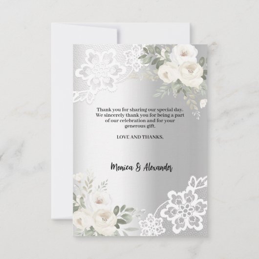 Zilveren witte bloemenkant bruiloft bedankkaart (Achterkant)