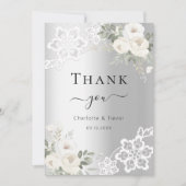 Zilveren witte bloemenkant bruiloft bedankkaart kaart (Voorkant)