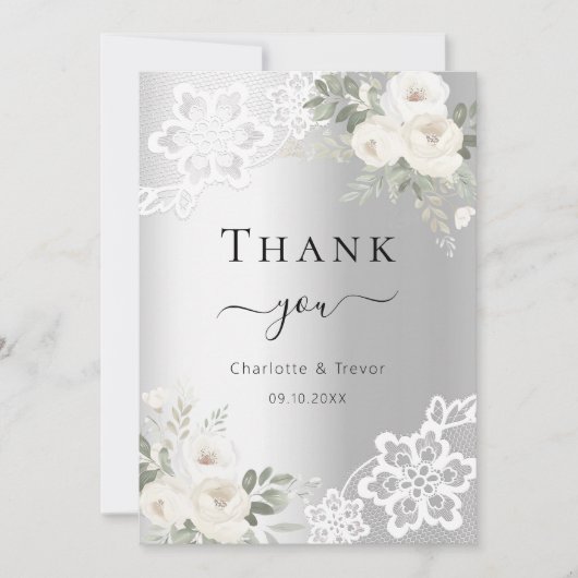 Zilveren witte bloemenkant bruiloft bedankkaart kaart (Voorkant)