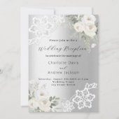 Zilveren witte bloemenkant premium bruiloft recept kaart (Voorkant)