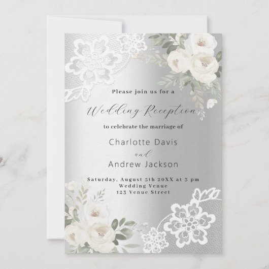 Zilveren witte bloemenkant premium bruiloft recept kaart (Voorkant)