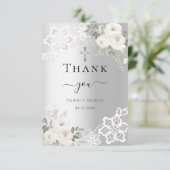 Zilveren witte bloemenkantdoop bedankkaart (Staand voorkant)