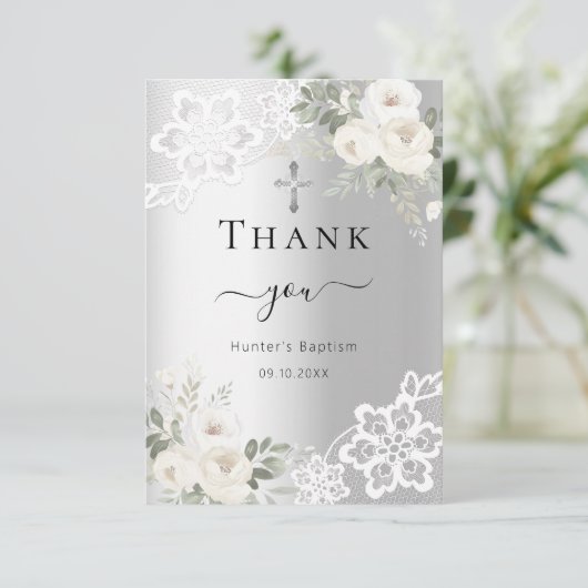 Zilveren witte bloemenkantdoop bedankkaart (Staand voorkant)